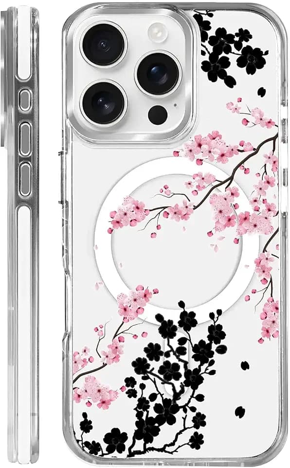 for iPhone 14 Pro Case, Clear with Pink Black Cherry Blossoms Pattern Compatible with Magsafe Soft Protective Case for Women Girl (White)