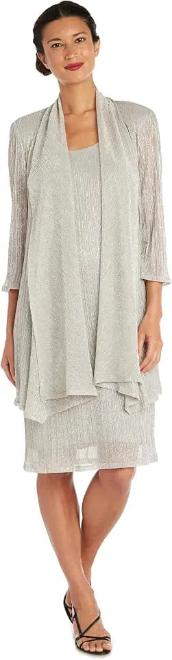 R&M Richards Women's Metallic Sheath Dress W/Matching Draped Chiffon Jacket - 2-Piece Outfit for Weddings & Parties