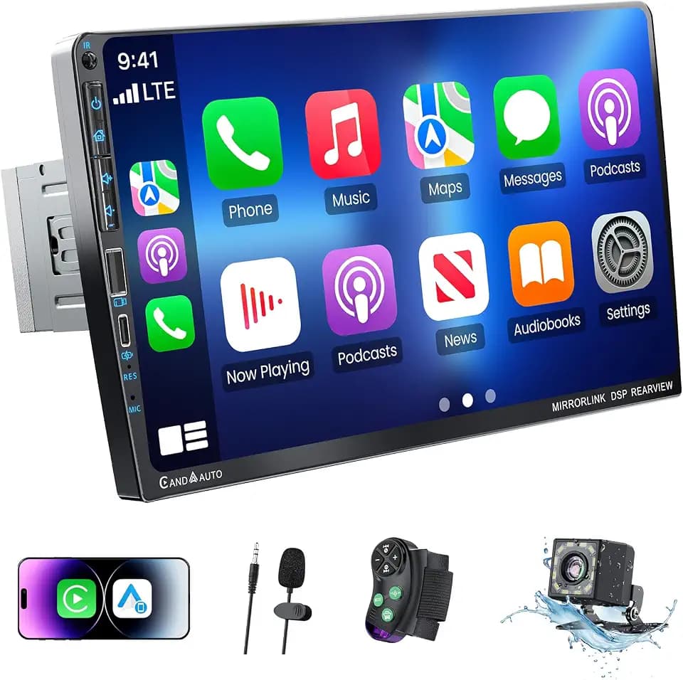 9" Single DIN Car Stereo with Wireless Apple CarPlay and Android Auto,UHD Car Radio IPS Touchscreen,1080P Back Camera,Mirror Link, Voice Control, Bluetooth 5.3,GPS,AM&FM,Type-C