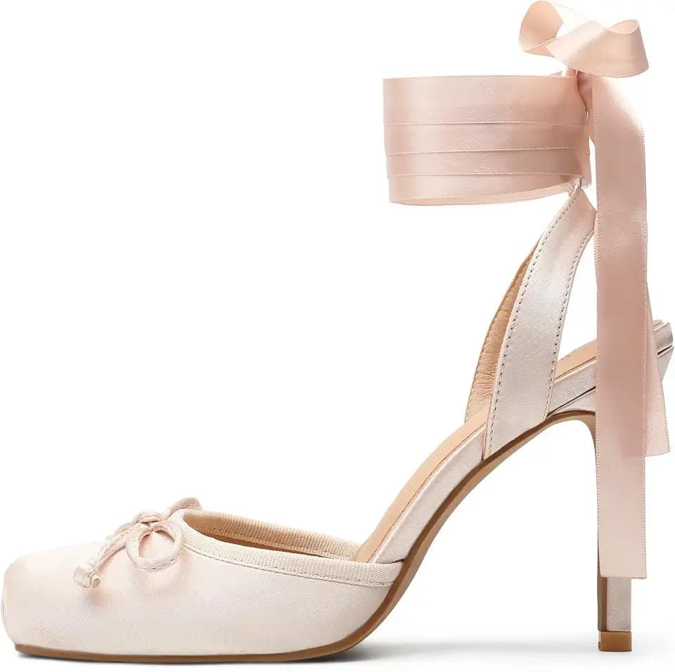 Women's Satin Ballet Heels Luxury Stiletto Lace-Up Heeled Pumps Bow Knot, 3.6 in Slingback High Heel Mary Jane Closed Square Toe Elegant Dress Shoes
