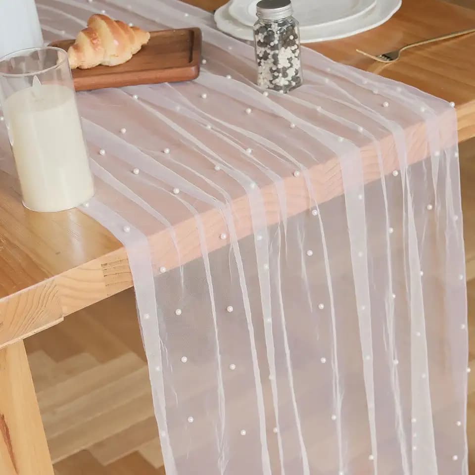 Set of 6 Pearl Table Runner 10ft, 29*120 Inch White