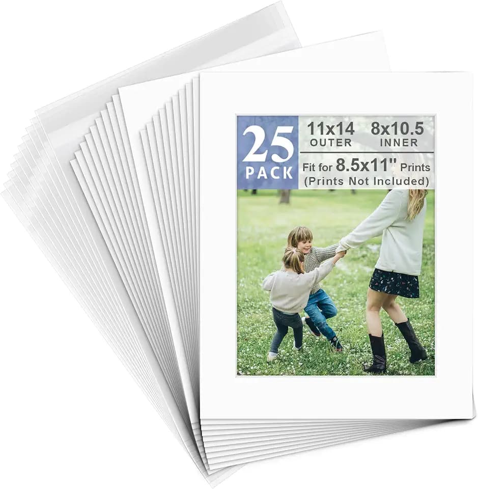Golden State Art, 25 Pack 11x14 White Mat for 8.5x11 Photo+Backings+Bags