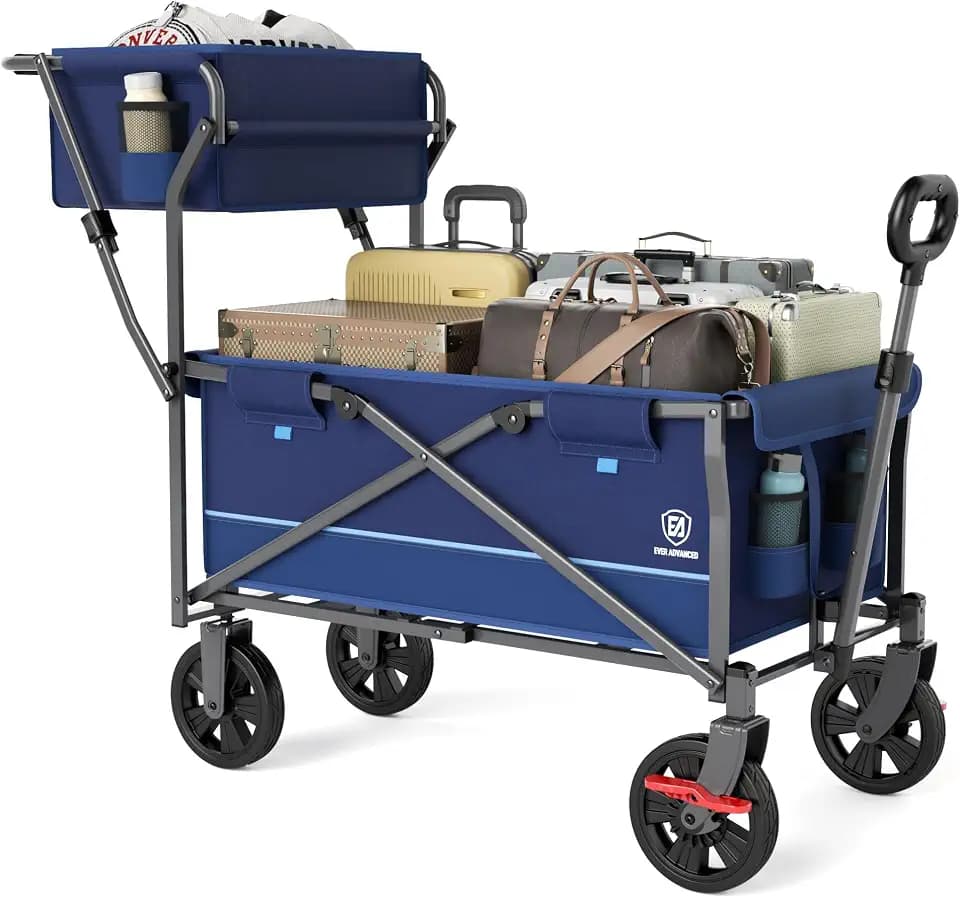 EVER ADVANCED Collapsible Push & Pull Shopping Cart with Wheels & Brakes, Foldable Wagon for Groceries with Practical Basket, Side Pockets & Cup Holders, Beach Utility Rolling Cart for Camping, Blue