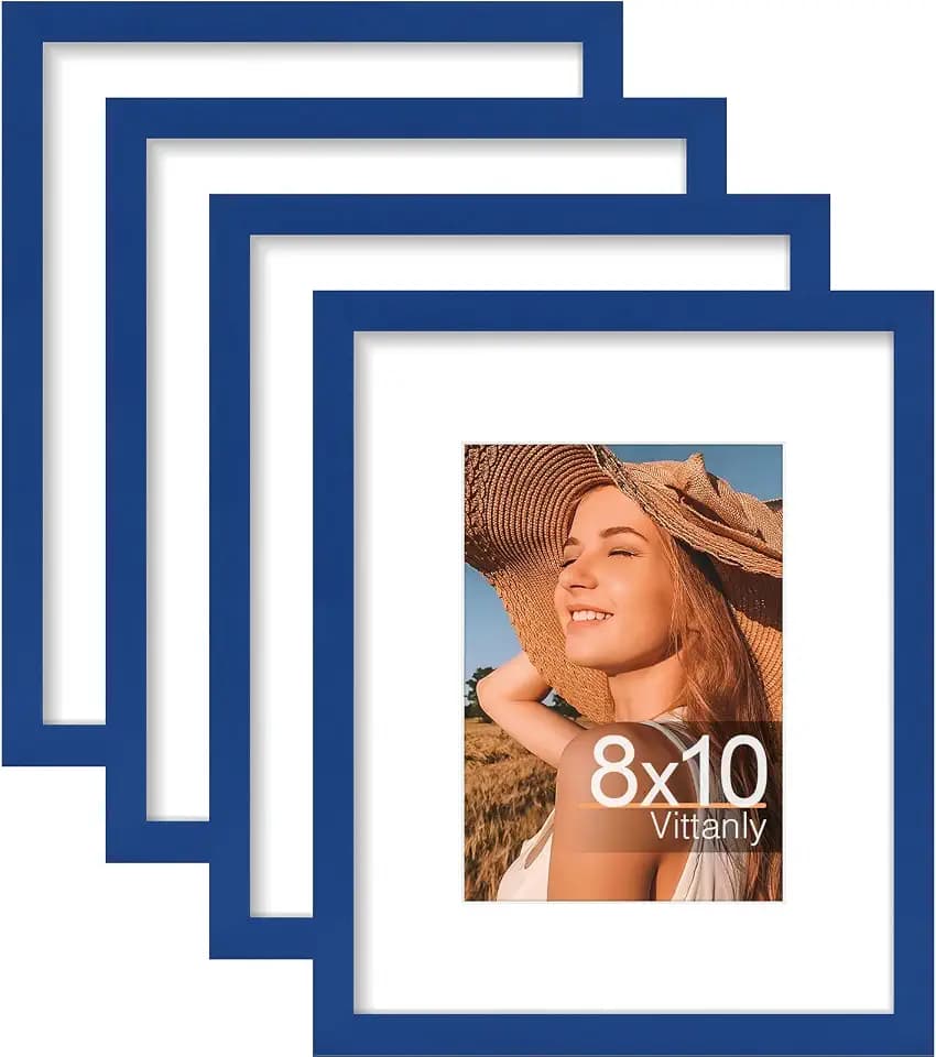 Vittanly 8x10 Picture Frames Set of 4, Display Pictures 5x7 with Mat or 8x10 without Mat, Gallery Wall Frame Set for Wall or Tabletop, Engineered Wood with Shatter Resistant Plexiglass, Royal Blue