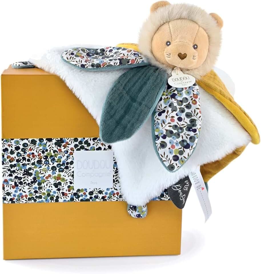 Doudou et Compagnie - Kuscheltier Löwe gelb mit Blütenblättern – Geschenkbox – 27 cm – Kollektion Boh'aime – Geschenkidee zur Geburt für Mädchen und Jungen – DC4025