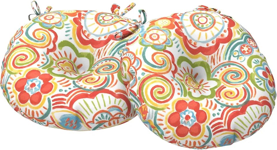 Outdoor Bistro Chair Cushions, Water Repellent Furniture Chair Pads Set of 2, Round Pillow for Decoration Home and Garden, 15”x15”x4”, Flower Multi