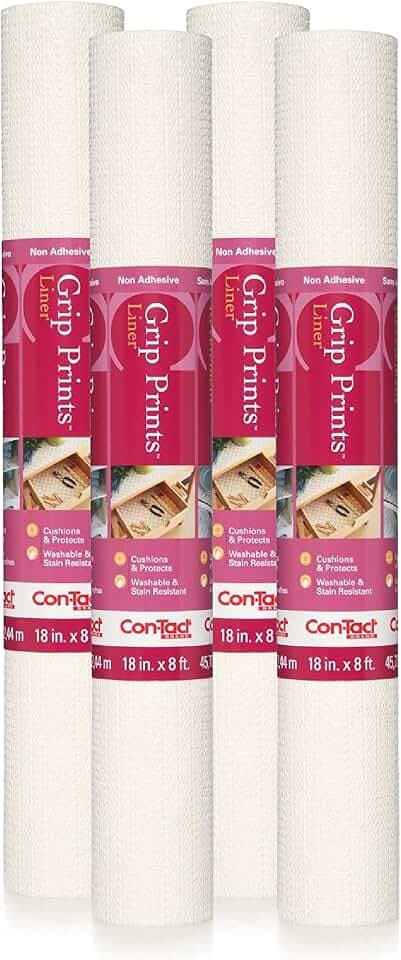 Con-Tact Brand Grip Prints Shelf Liner, Durable and Non-Adhesive Liners, Non-Slip Drawer and Cabinet Liner, 18" x 8', White, Pack of 4 Rolls