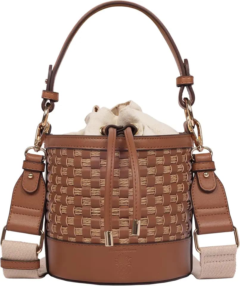 Tommy Bahama Raffia Drawstring Bucket Bag | Convertible Shoulder Bag & Crossbody for Women | Adjustable Strap | Woven Straw | Gold Hardware