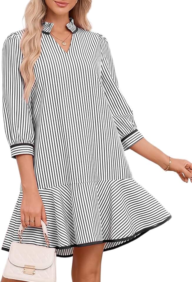 LifeShe 3/4 Sleeve Striped Dress for Women Loose V Neck Ruffle Collared Tiered Mini Dresses with Pockets