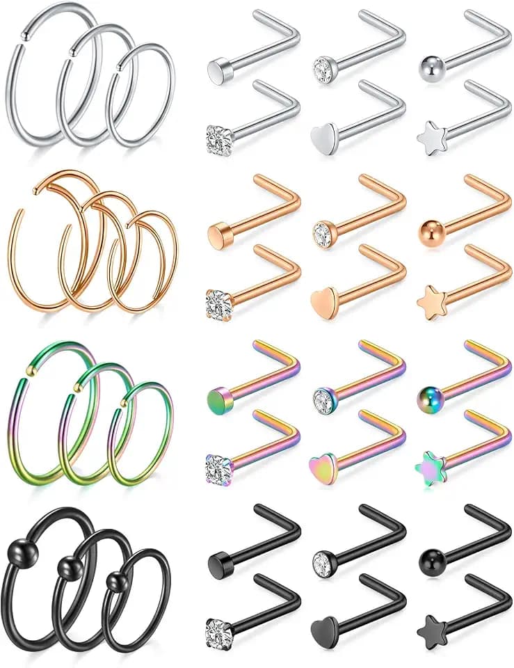 Mayhoop 20g Nose Rings Hoops And Studs For Women Men - Hypoallergenic 316L Surgical Stainless Steel L Shape Nose Screw Bone Silver Rose Gold Black Rainbow Pack 28Pcs