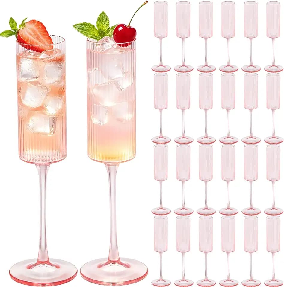 JLYLOL 24 Pcs Pink Plastic Champagne Flutes 6OZ Large Ribbed Champagne Glasses Toasting Glass Plastic Goblets for Parties Vintage Mimosa Bar Glasses Elegant Stemmed Drinking Cups for Wedding Bride