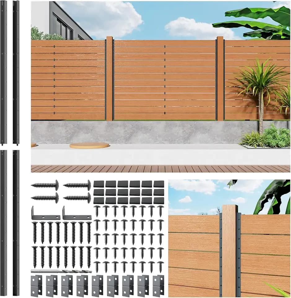 6FT No Dig Privacy Metal Fence Post for Wood Slat U-Shape，Black Line Post Outdoor Privacy Fence Panels Butt-Joint 2Pack