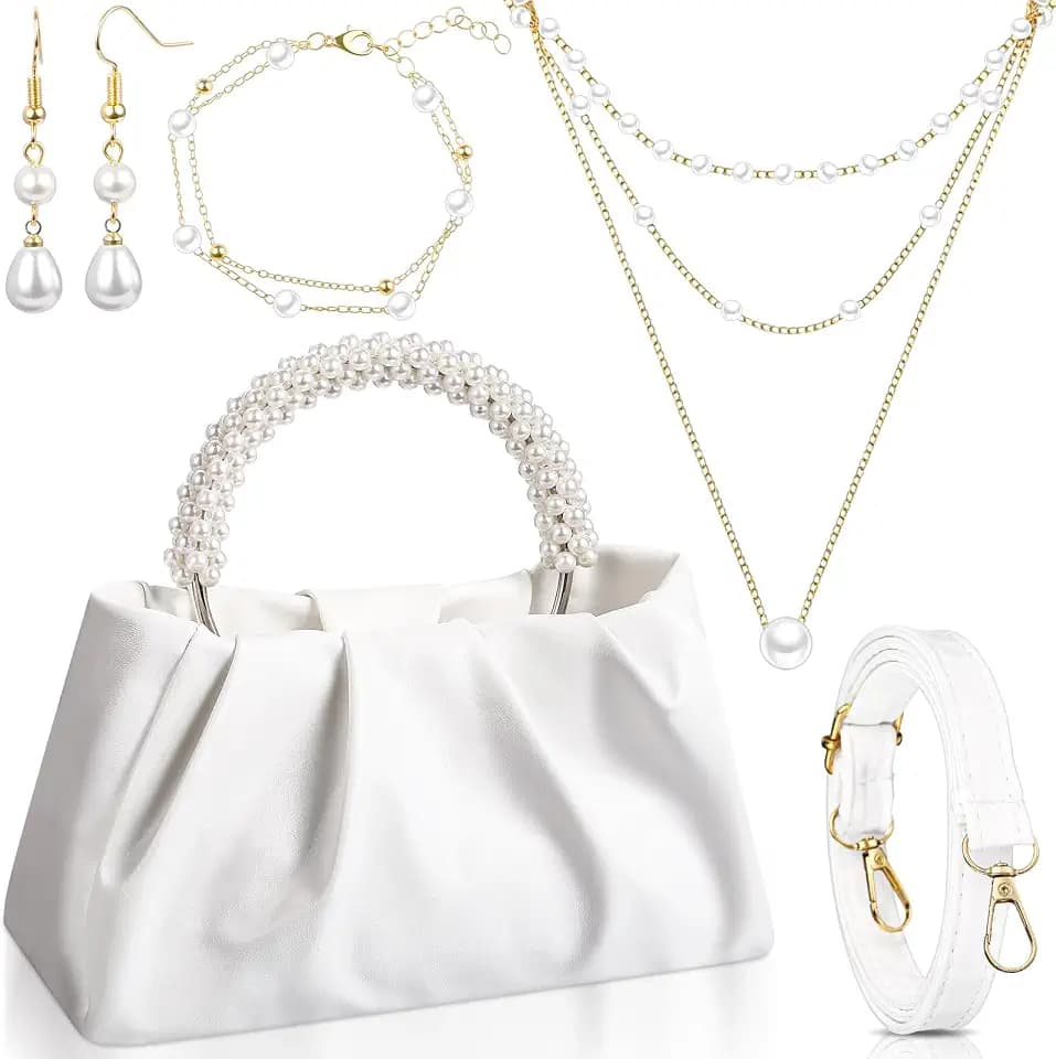 Liliaafar 4 Pcs Evening Clutch Purse with Pearl Jewelry Sets,Clutch Bag Pearl Earrings Necklace Bracelet for Wedding Party