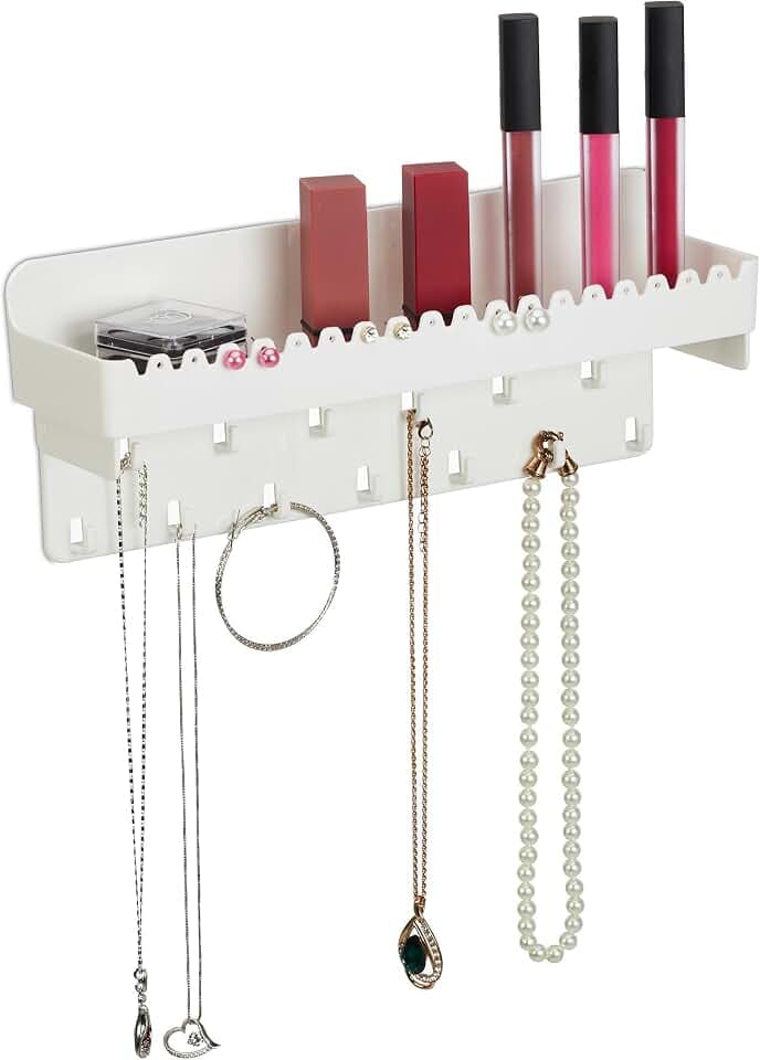 Relaxdays Schmuckhalter Wand, für Ketten, Ohrringe & Armbänder, Kettenhalter mit Ablage, HxBxT: 12 x 30 x 8 cm, weiß