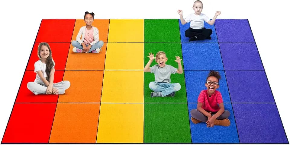 Booooom Jackson Classroom Rug - 7'6''x13' Rainbow Preschool Classroom Carpet with Seating Squares, Non-Slip & No-Trip Edges, Vibrant Colors for Kids Playroom Floor Mat