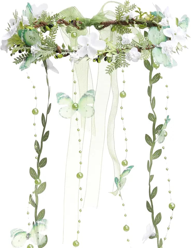 MOSTORY Fairy Flower Headpeice for Women, Woodland Elf Crown with Butterfly and Vines for Fairy Costume Renaissance Cosplay
