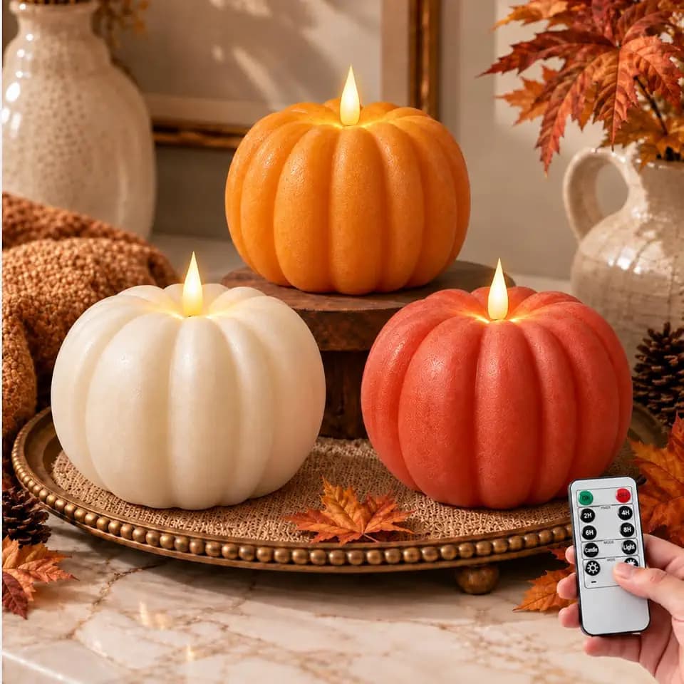 3PCS Flameless Pumpkin Candles with Timer Remote,Fall Decorations for Home