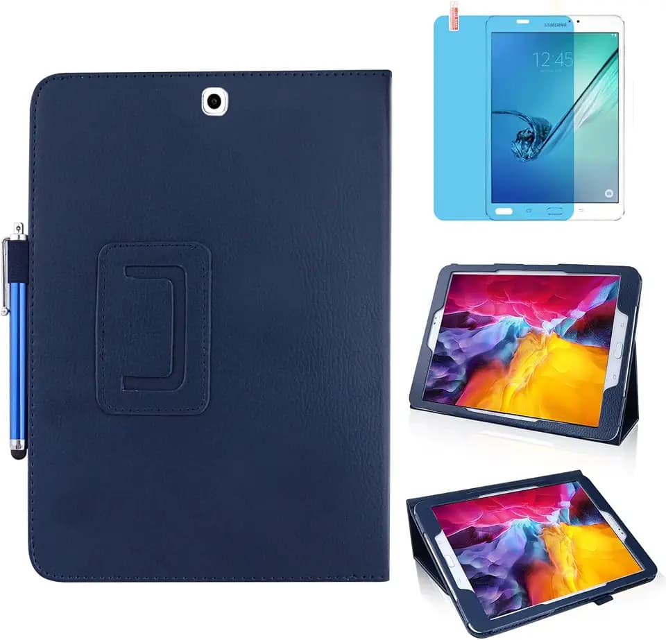 Schlankes Leder Hülle für Samsung Galaxy Tab S2 9.7 Inch 2015 (SM-T810 T813 T815 T817 T819),Mehrwinkel Ständer Voll schützendes Tablette Cover,Mit Stylus Pen,Bildschirm Film (Blue)