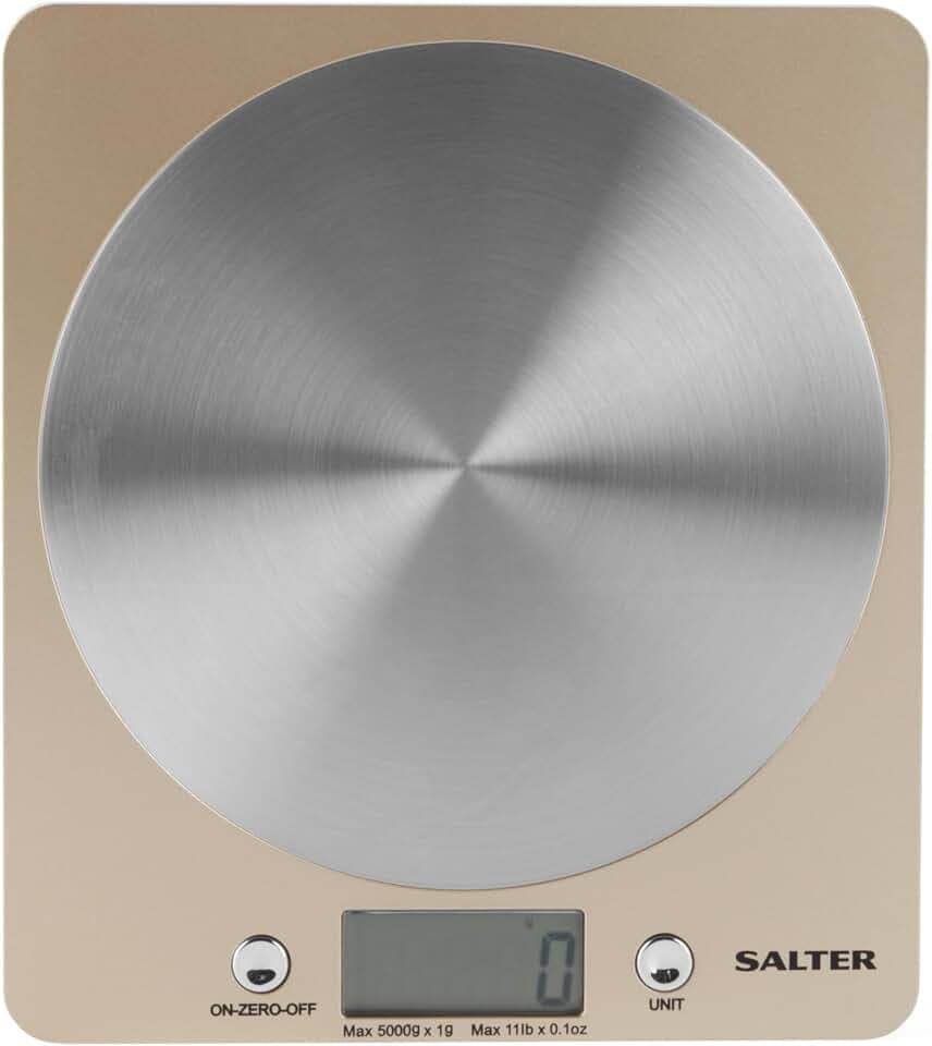 Salter 1036 OLFEU16 Olympus Digitale Küchenwaage - elektrische Lebensmittelwaage mit Edelstahl Plattform, einer Kapazität 5kg, Backwaage mit Tara-Funktion, misst Flüssigkeiten, LCD-Anzeige, Gold