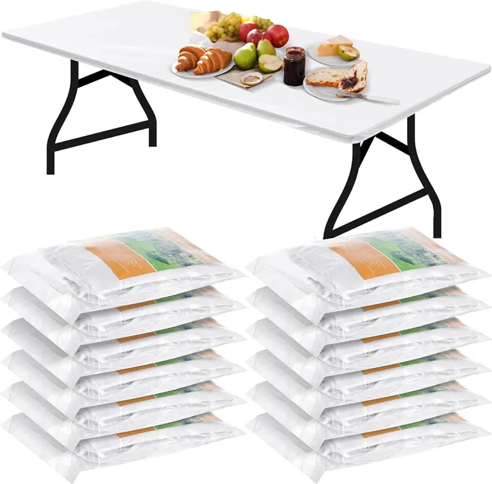 Boao 12 Plastic Elastic Fitted Tablecloths, 8 Ft, 96 x 30 Inch, White