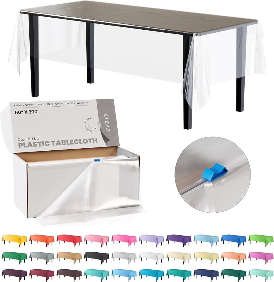 Party Solids 60 Inch X 300 Feet Clear Plastic Table Cover Roll in A Cut - to - Size Box with Convenient Slide Cutter. Cuts Up to 36 Rectangle 8 Feet Plastic Disposable Tablecloths