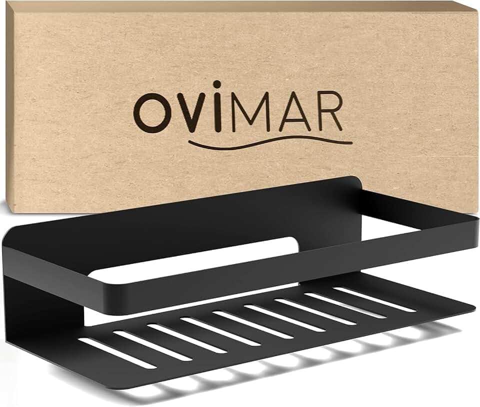 ovimar Duschkorb Hinnoya | rechteckig | schwarz matt | Edelstahl | ohne Bohren | zum Kleben | Duschablage | platzsparende Befestigung | für Badewanne oder Dusche | Aufbewahrung von Duschgel