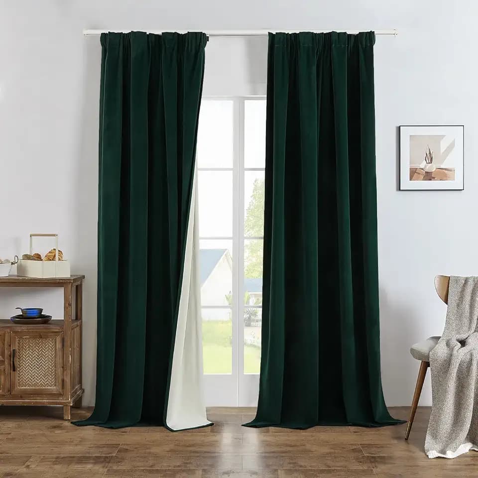 Joydeco 100% Blickdicht Samt Vorhänge mit Kräuselband 2 er Set H 160 x B 132 Dunkelgrün Schienensystem Schiebevorhang Verdunkelung Thermovorhang Kälteschutz Gardinen Schlafzimmer Wohnzimmer Curtains