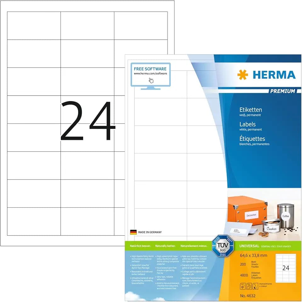 HERMA 4632 Adressetiketten, 200 Blatt, 64,6 x 33,8 mm, 24 pro A4 Bogen, 4800 Stück, selbstklebend, bedruckbar, matt, blanko Papier Adressaufkleber Etiketten, weiß