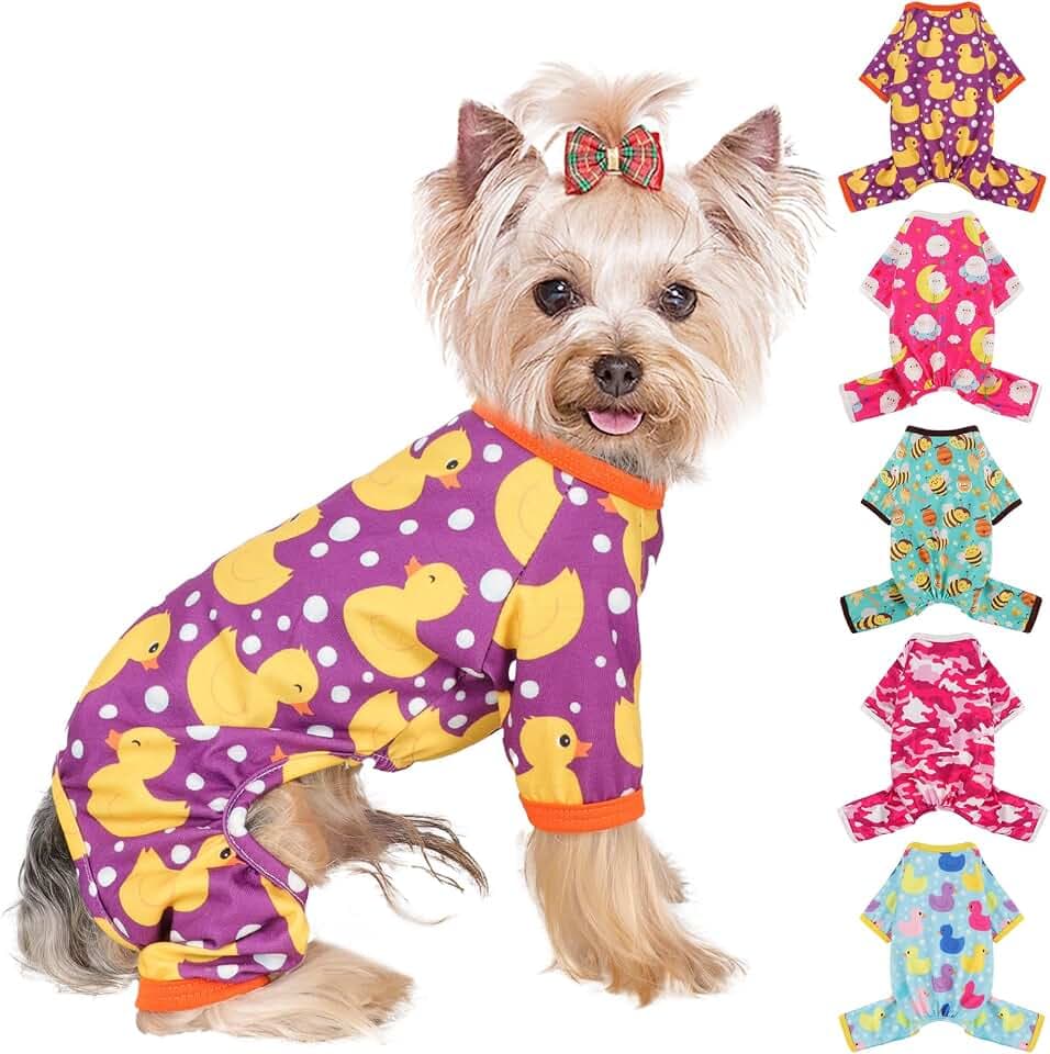 Dog Pajamas Small Sized Boy Girl, Cotton Stretchable Pet Clothes Jammies Puppy Outfits for Dogs Female Male, Spring Summer Doggie Doggy Pjs (Purple Duck, XS)