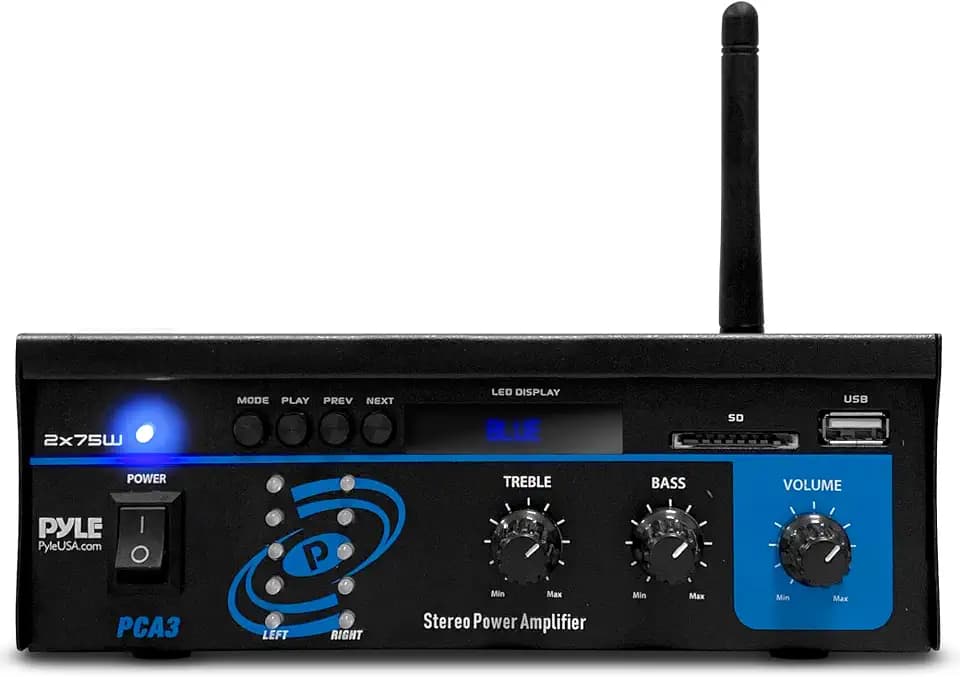 Pyle Powerful Mini Stereo Amplifier System – 2x75W Compact 2 Channel Audio Receiver w/LED Display, 40Ft. Wireless Bluetooth Streaming, RCA Inputs, EQ Controls for HT System and Studio, w/FM Antenna