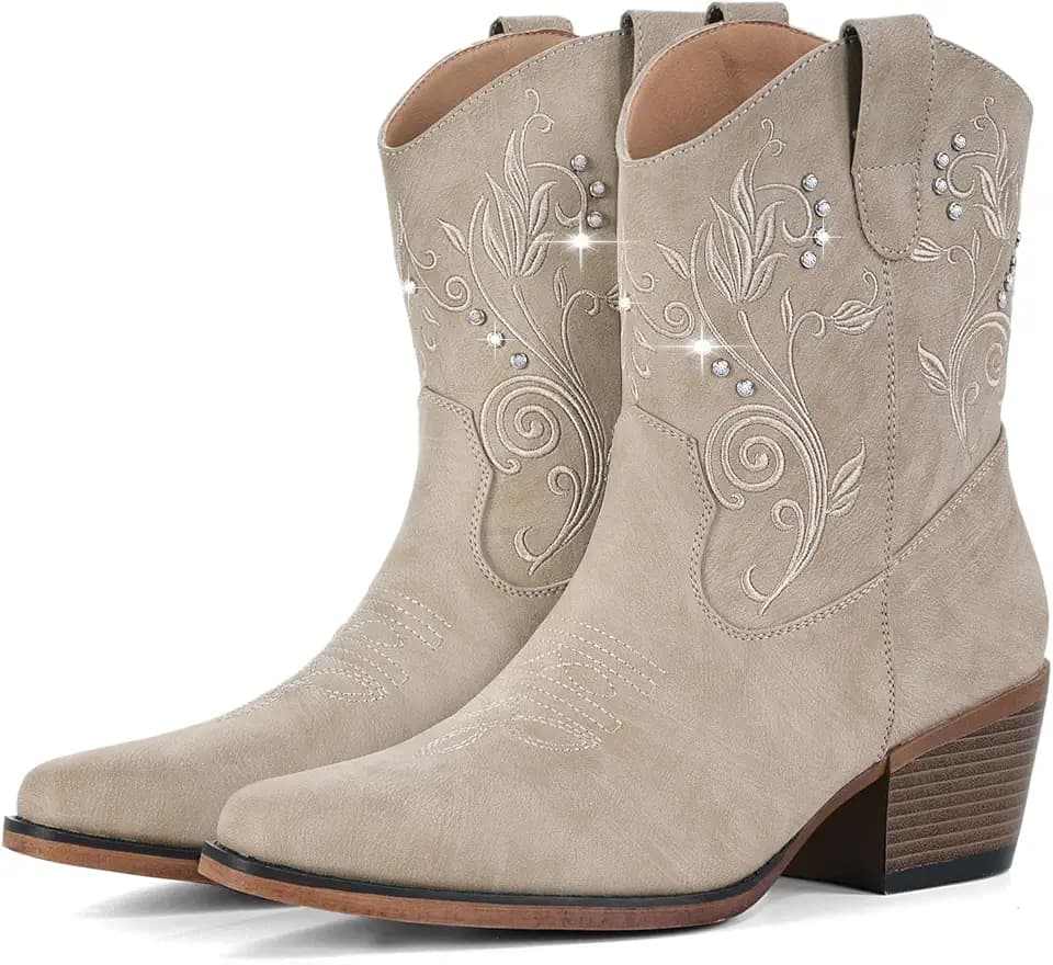 IUV Cowboy Boots for Women Ankle Cowgirl Boots with Rhinestone Decor