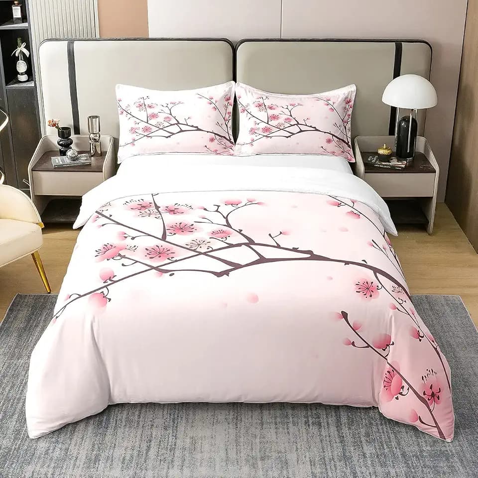 Homewish Bettbezug, 140 x 200 cm, Kirschblüten, Bettwäsche mit rosa Blüten, Bettwäsche-Set für japanischen Frühling, Bettbezug mit Blütenblättern in hellrosa Blumenmuster, Tagesdecke mit Blumen