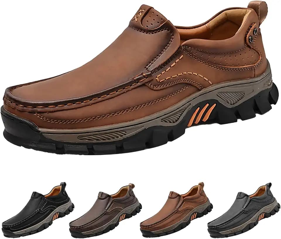 Men's Outdoor Slip On Loafers,Comfort Hand-Stitching Leather Elastic Non-Slip Arch Support Travel Hiking Walking Shoes