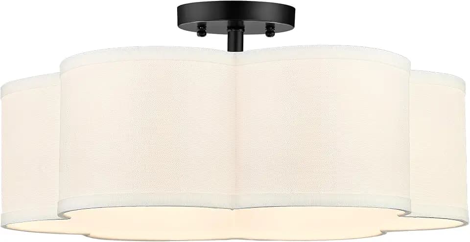 18" Black Semi Flush Mount Ceiling Light, Flower Fabric Drum Shade