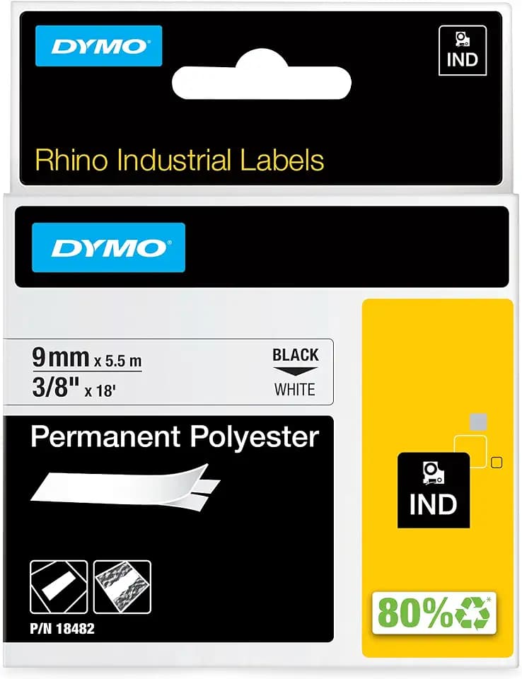 DYMO Rhino Industrial Permanent Polyester Labels 3/8" Black Print on White Tape