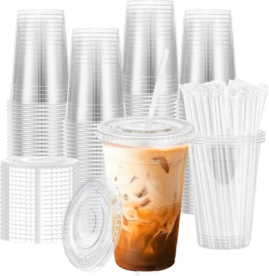 BYSNOW 20 oz 100 Pack Clear Plastic Iced Coffee Cups with Lids Disposable