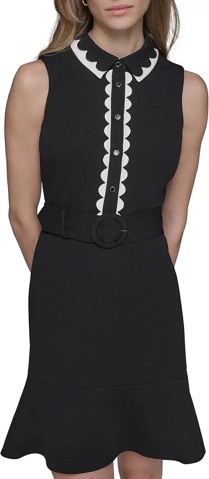 Karl Lagerfeld Women's Belted Sleeveless Scallop Trim Collared A-line Mini Dress