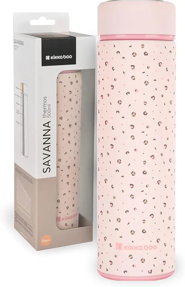 KikkaBoo Thermoskanne Baby Unterwegs SAVANNA, 500 ml Edelstahl, Lekfrei mit Teesieb, Für Heiße und Kalte Getränke, Isolierflasche für Unterwegs, Rosa