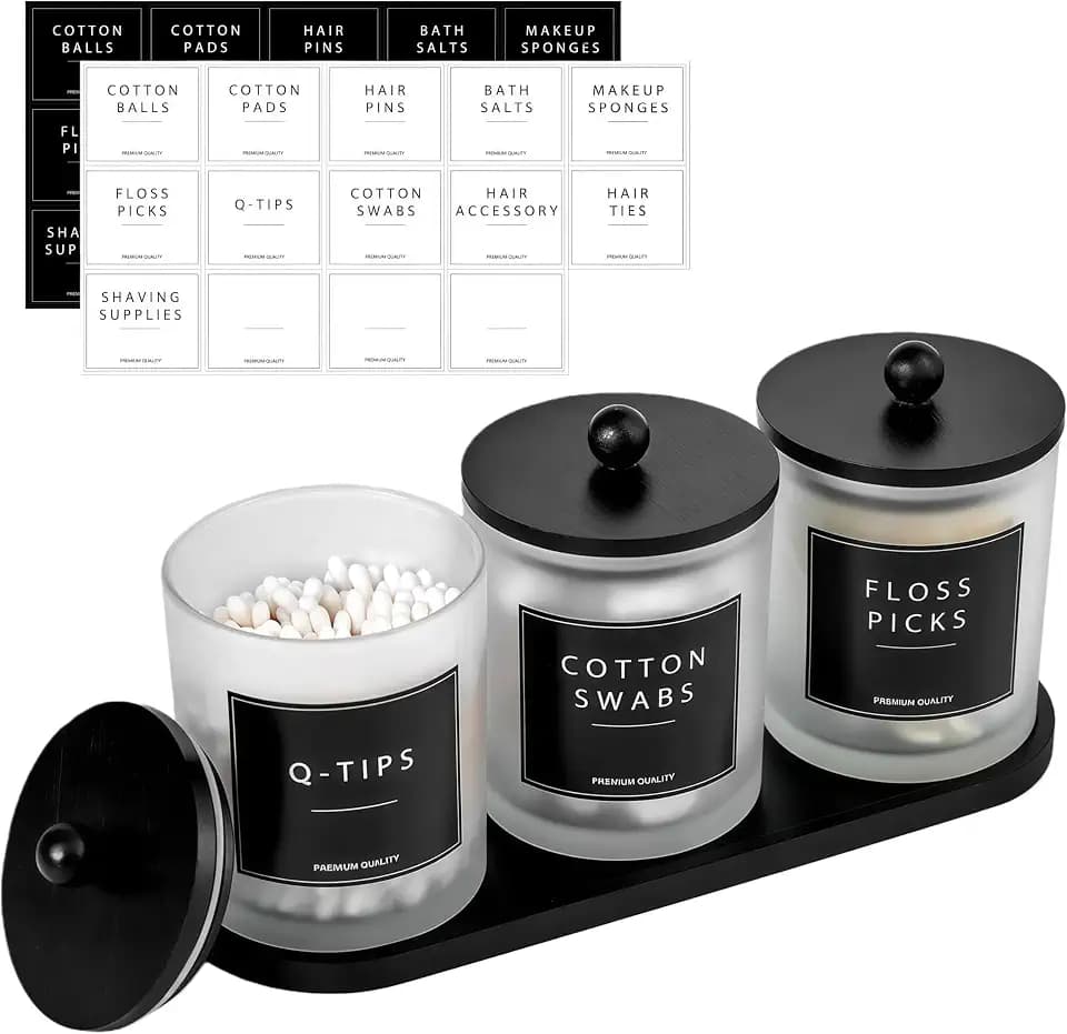 BIKALAN Glas Wattestäbchen Behälter, Schminktisch Badezimmer Organizer Set mit Tablett, Wattepadspender Make up Organizer für Wattestäbchen, Wattepads