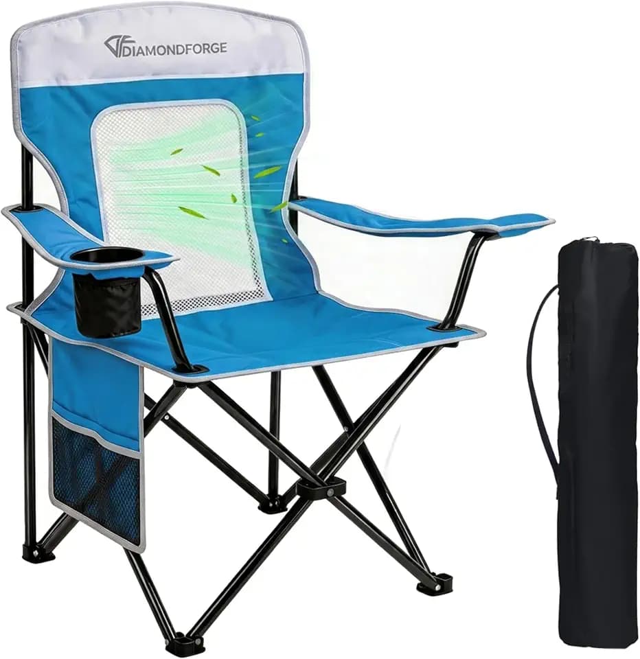 Camping Chair, 300 LBS Breathable Mesh Lawn Chairs Folding, Blue White