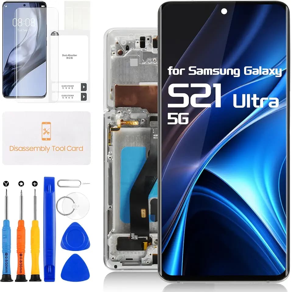 OLED for Samsung Galaxy S21 Ultra Screen Replacement for Samsung S21 Ultra 5G LCD Display Touch Screen SM-G998U G998A G998W Digitizer Assembly Repair Parts (Silver with Frame)