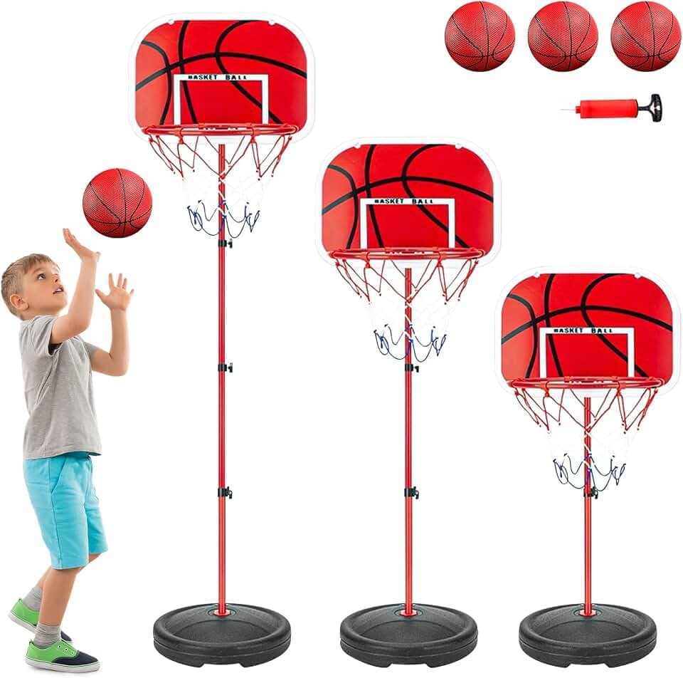 Basketballkorb Outdoor für Kinder,Inkl.2X Netze,3X Basketball,Pumpe & Installationstools,50–150cm Höhenverstellbarer Basketballständer,Basketballanlage für Hinterhof/Innenbereich