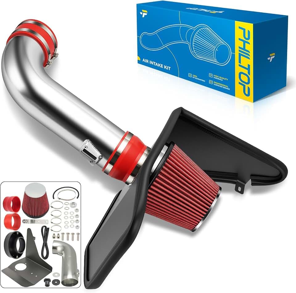 PHILTOP 4" Cold Air Intake Kit System + Heat Shield Compatible with Chevy for 2010-2015 Camaro SS, High Performance, Red