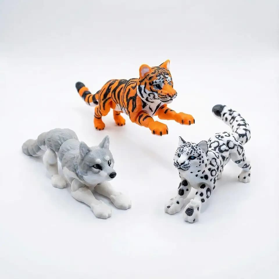 3PCS 6.7-7.7in 3D Printed Animal Set,Articulated Snow Leopard,Tiger & Grey Wolf Action Figures,Realistic Movable Joint Fidget Toys,Wildlife Zoo Animal Figurines,Kids Boys,Girl