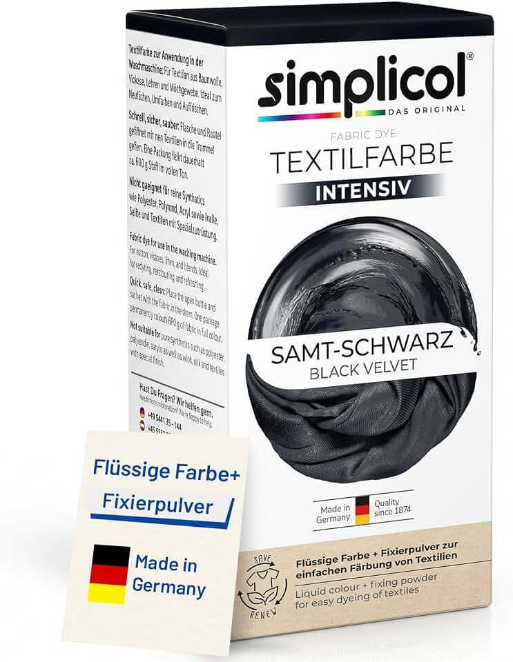simplicol Textilfarbe intensiv Samt-Schwarz 1er Pack | Textilfarbe Waschmaschinenfest | Flüssige Farbe & Fixierpulver mit Salz | Stofffarbe zum Neufärben, Umfärben & Auffrischen