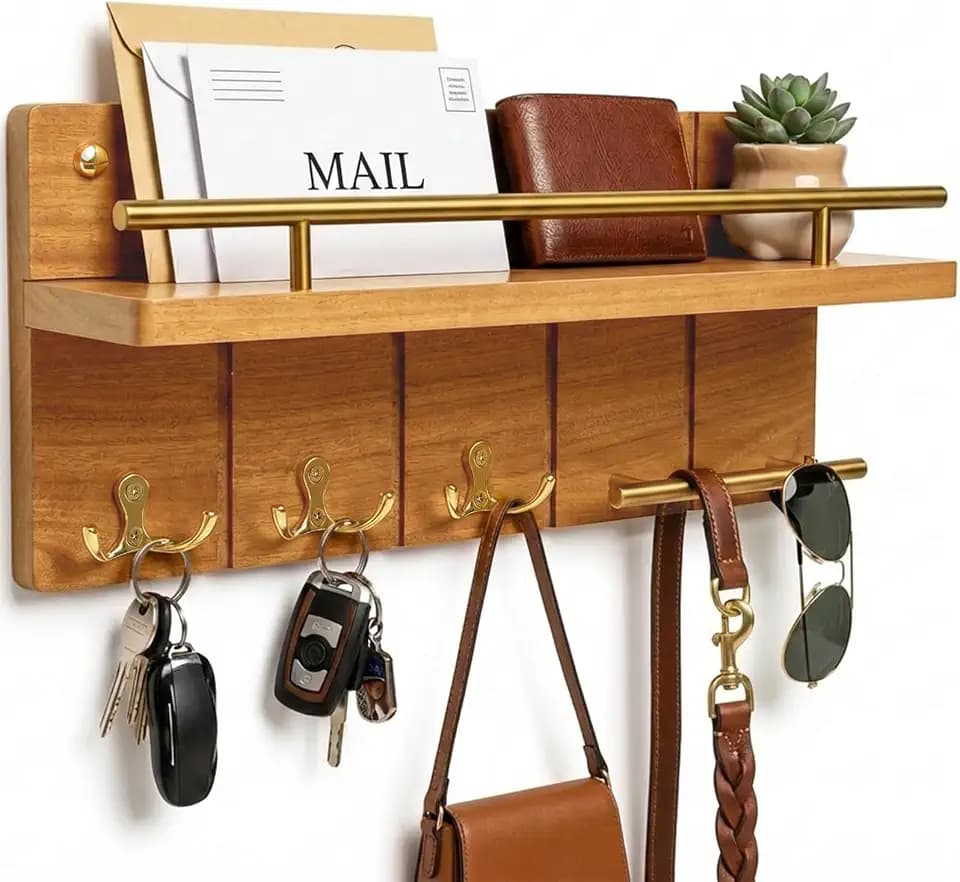 15.7” Solid Teak Wood Key Holder Wall Mount with Shelf and Hooks