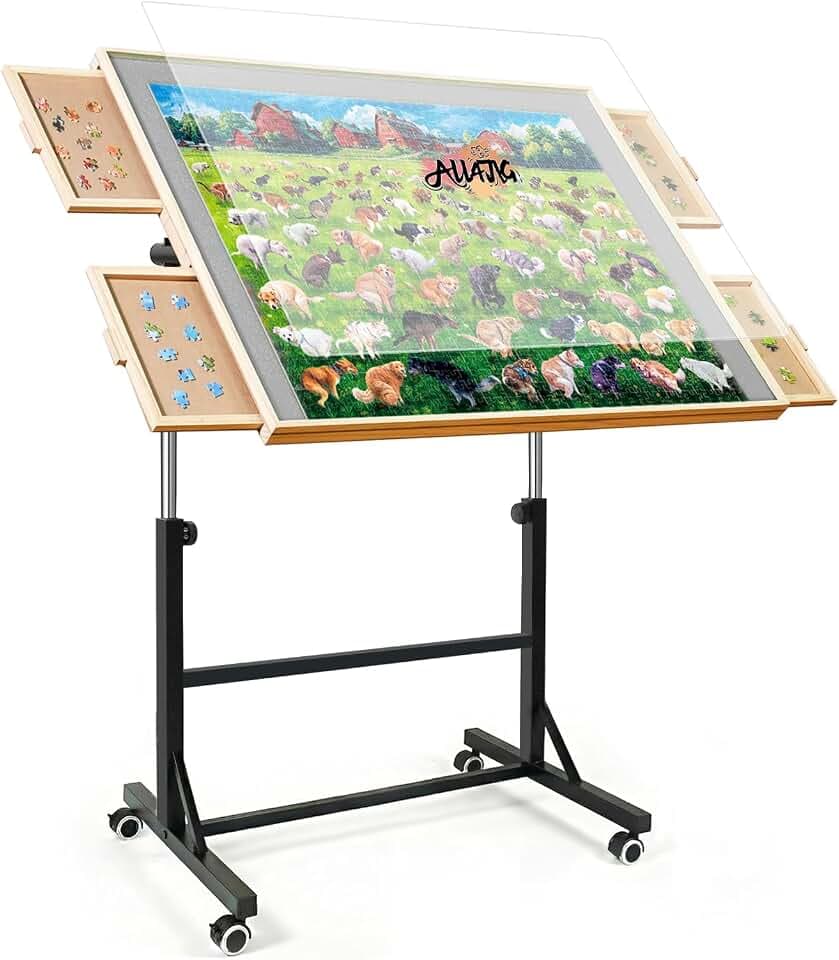 ALL4JIG 1500 Pieces Puzzle Table with Legs and Wheels,24.92"×33.58" Wooden Jigsaw Puzzle Table with 4 Drawers&Cover,Adjustable Height Table Design,Laptop Table for Couch, for Bricks Building