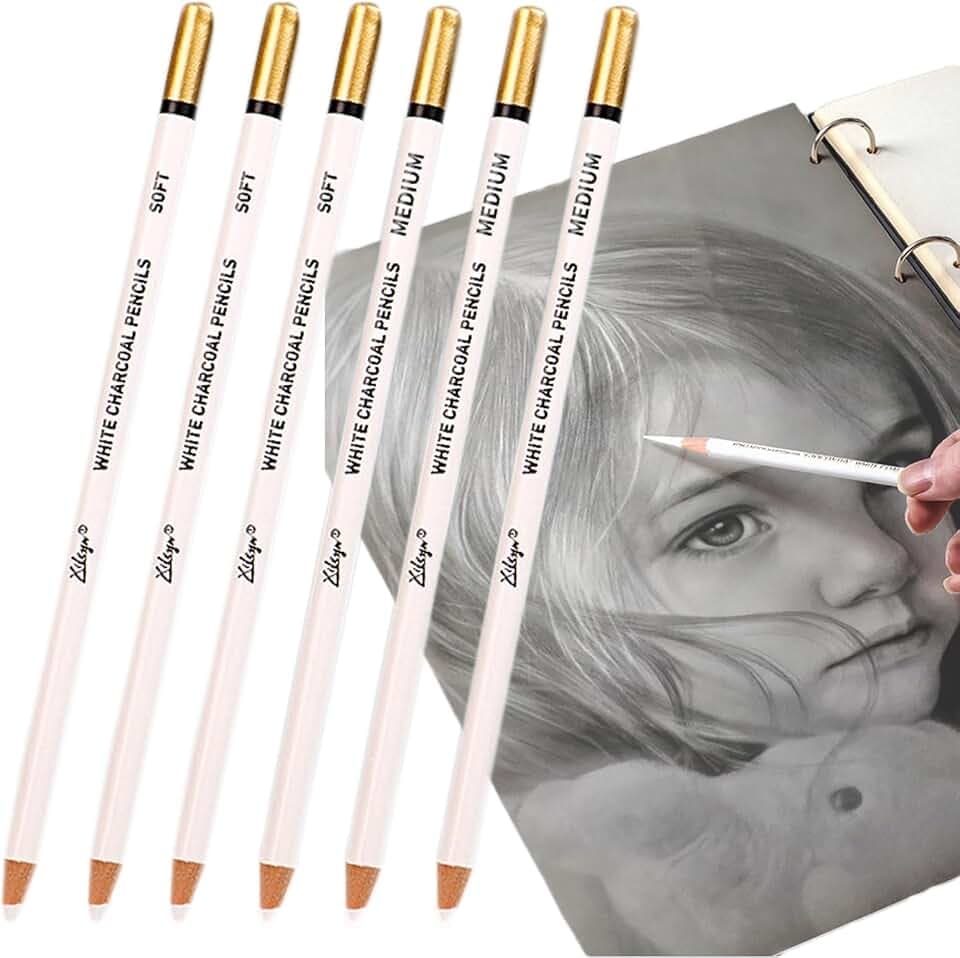 6 Stück Weiße Kohlestifte Set Künstler Weiß Leuchtenden Farbstifte Weiße Buntstifte Kohle Pastell Bleistift Kunst Malerei Zubehör Zeichnen Skizzieren Bleistifte für Feine Details und Übergänge