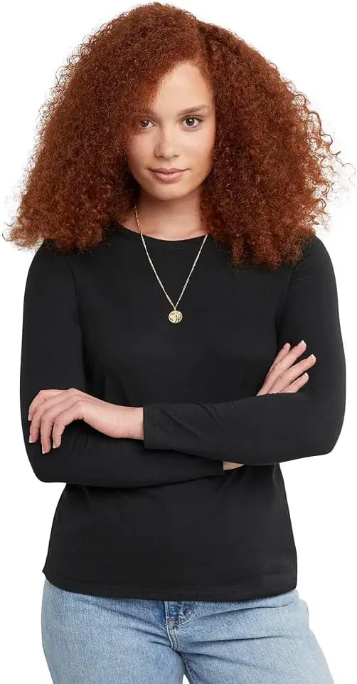 Hanes Women's Long Sleeve Cotton T-Shirt, Lightweight Crewneck and V-Neck Tee for Women, Modern Fit