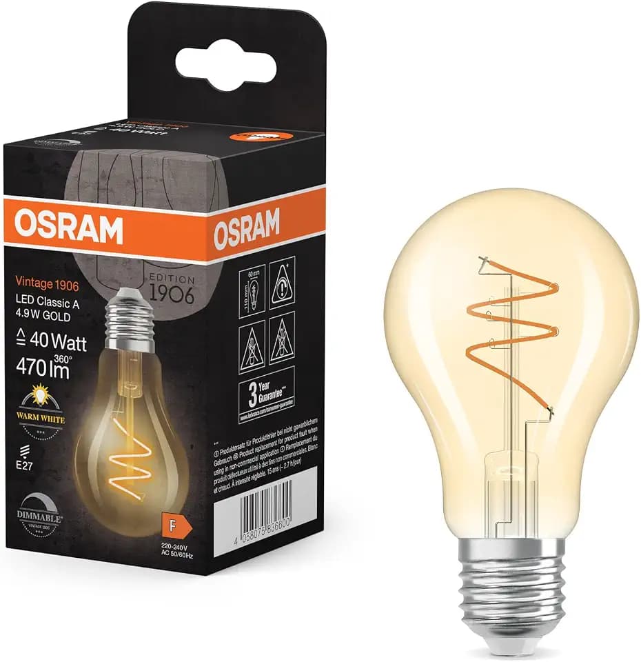 Osram Vintage 1906 Classic ist eine warmweiße, dimmbare LED-Lampe in Kolbenform mit spiralförmigem Filament. Sie bietet 4.9 W für 470 lm, E27 Fassung, goldfarbenes Glas, 60 mm Durchmesser, 2700 K.